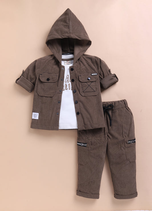 Khaki Super Smart Striped Codruouy All Over Laser Printed Full Sleeves Hoodie Shacket Pant Coordinate Set with Tshirt