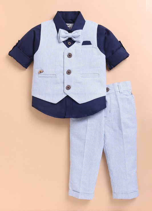 Blue Cotton Elegant Formal Full Sleeves 4 piece Waistcoat Coord Set