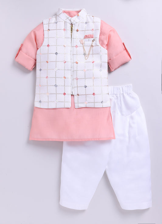 Off White Silk Blend  Trendy Soft Festive Bright Off White Embroidered and Embellished Ethnic Nehru Jacket Full Sleeves Peach Kurta and Patiala Set