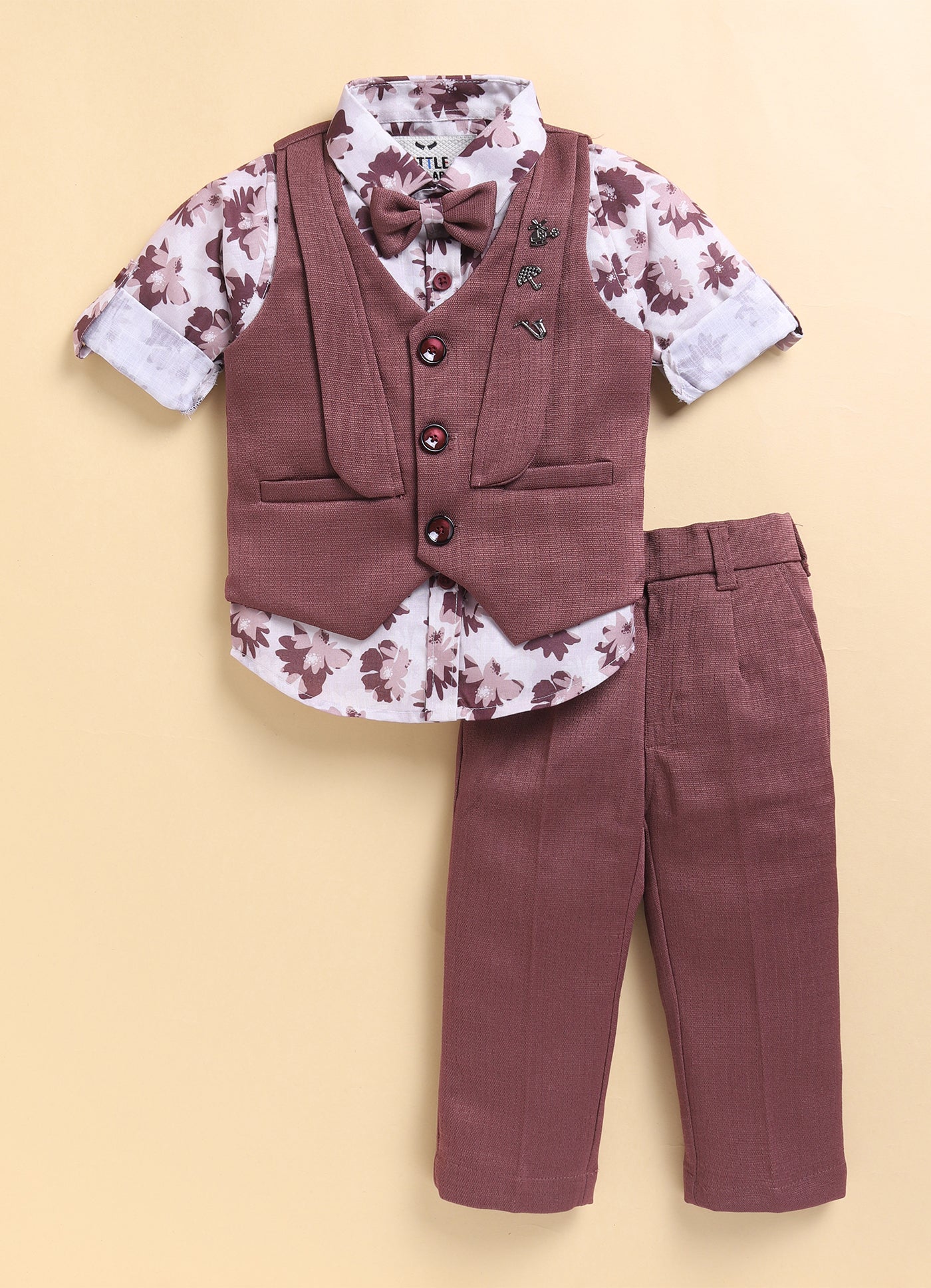 Wine Formal Partywear Waistcoat Printed Full Sleeves Shirt Pant Coord Set with Bow and Brooches