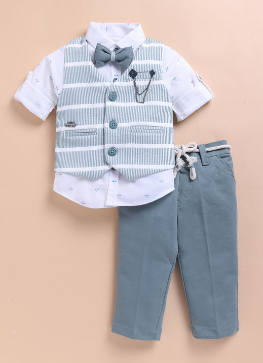 Green Adorable Knitted Waistcoat Full Sleeves Shirt Pants Set for Boys