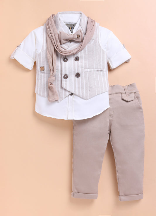 Beige Full Sleeves Charming and Trendy Linen Waistcoat Set with Stole and Bow