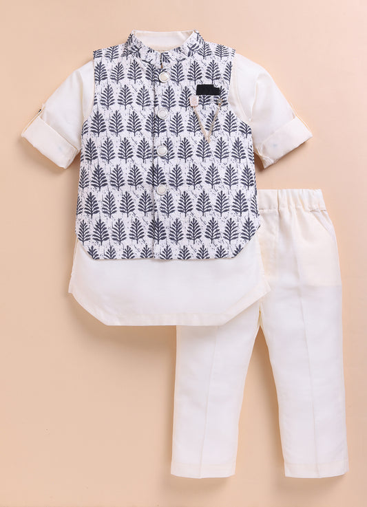 Black Art Silk Blend Soft Festive Motif Printed and Embroidered Ethnic Nehru Jacket Full Sleeves Kurta Pajama Set with Brooch