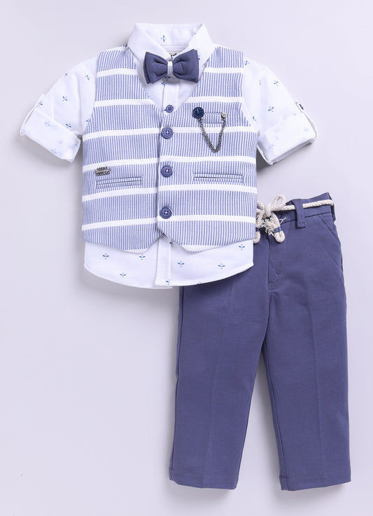 Blue Adorable Knitted Waistcoat Full Sleeves Shirt Pants Set for Boys