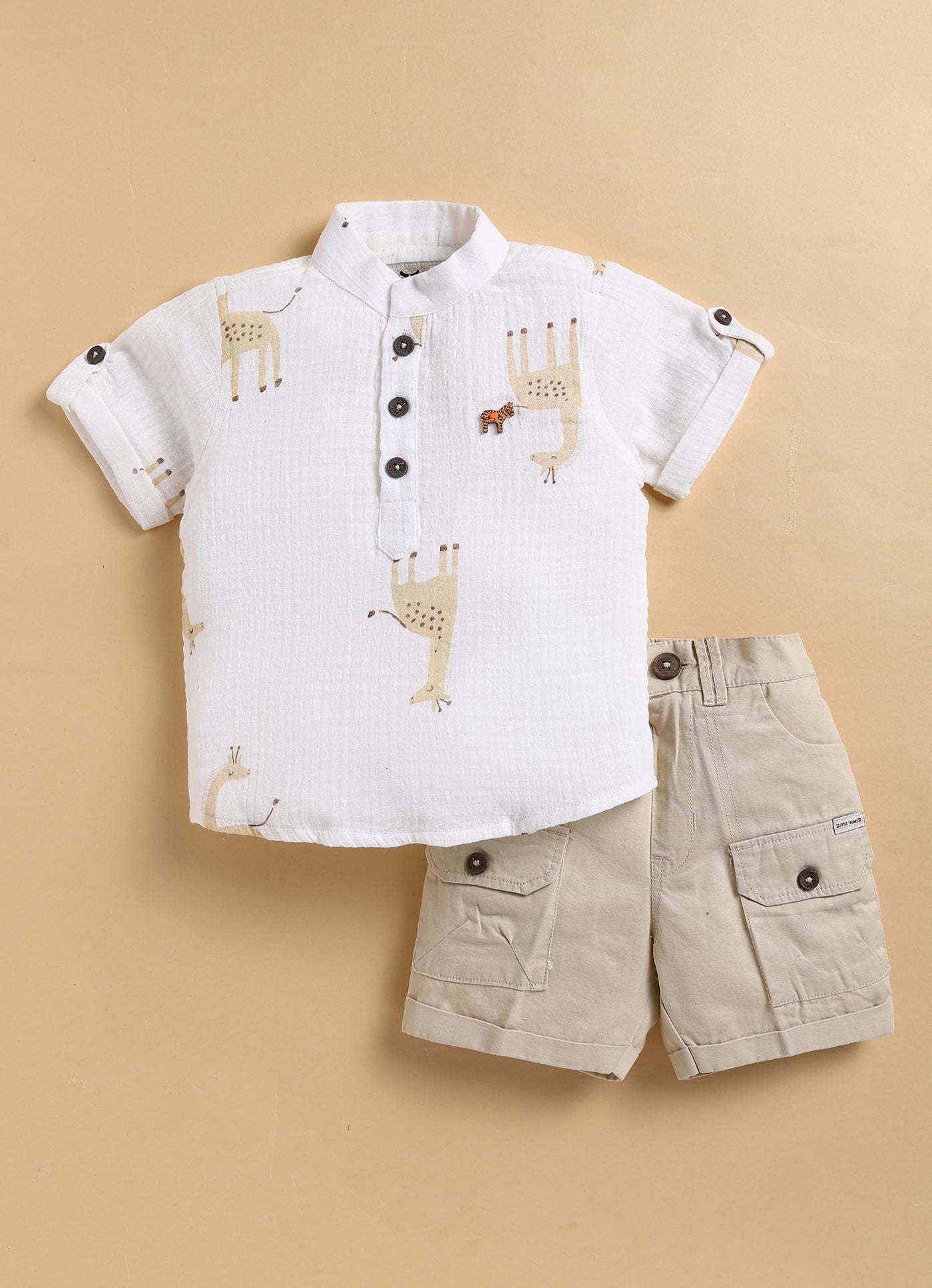 Casual Pure Organic Muslin Cotton Giraffe Printed Half Sleeves Mandarin Collar Kurta Shirt Half Pant Set - Beige