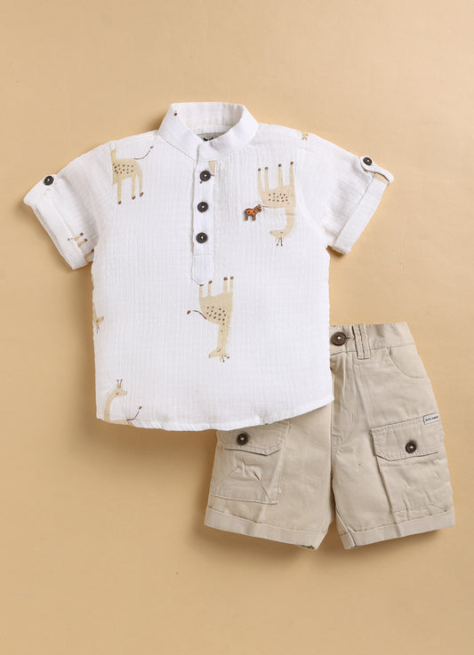 Casual Pure Organic Muslin Cotton Giraffe Printed Half Sleeves Mandarin Collar Kurta Shirt Half Pant Set - Beige