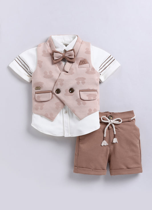 Khaki Super Soft Cotton Blended 4 Piece Jaquard Waistcoat Half Pant Set