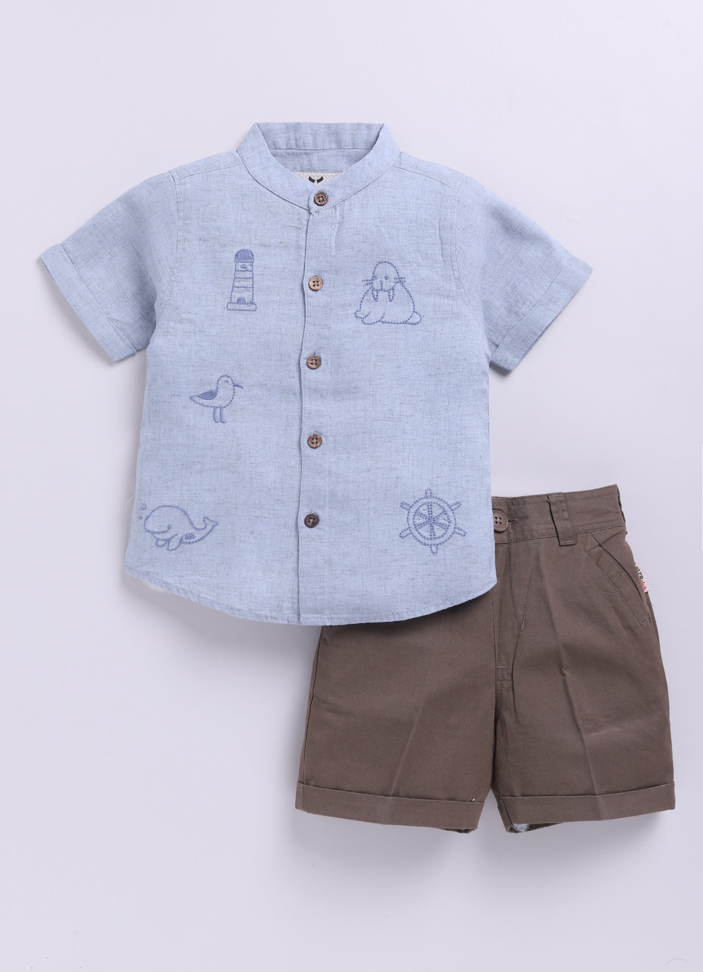 Sky Blue Casual Pure Organic Cotton Embroidered Half Sleeves Shirt Half Pant Set