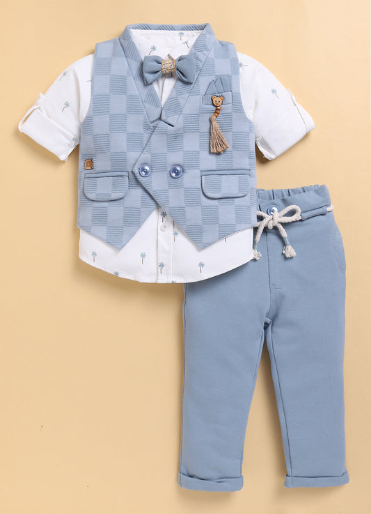 S.Blue Adorable Jacquard Waistcoat Full Sleeves Shirt Pants Bow Set for Boys