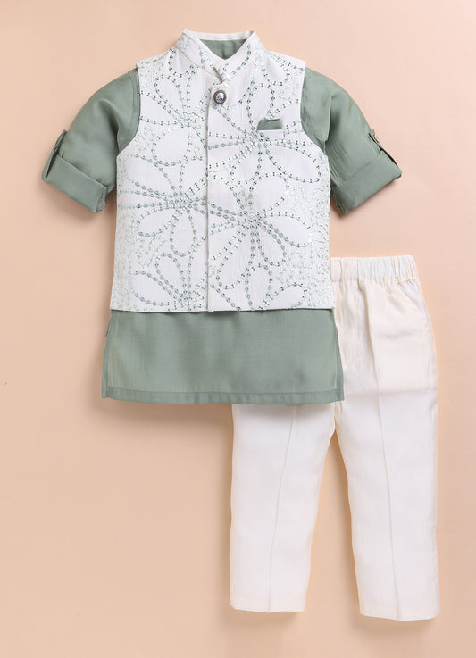 Green Silk Blend Soft Festive Sequins and Thread Embroidered Nehru Jacket Bright Full Sleeves Kurta Pajama Ethnic Set