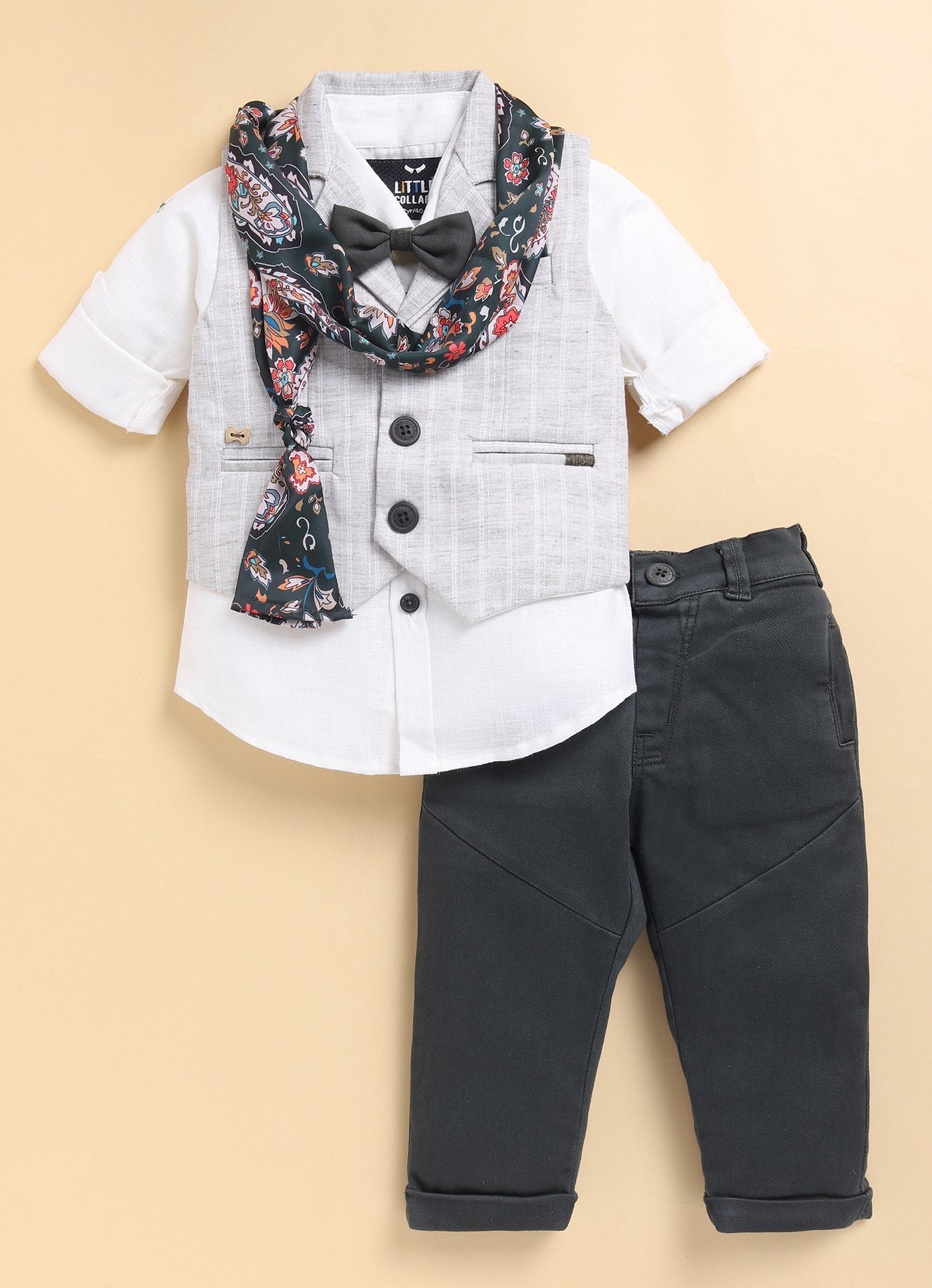 Green Boys Full Sleeves Charming and Trendy Linen Waistcoat Set with Stole and Bow