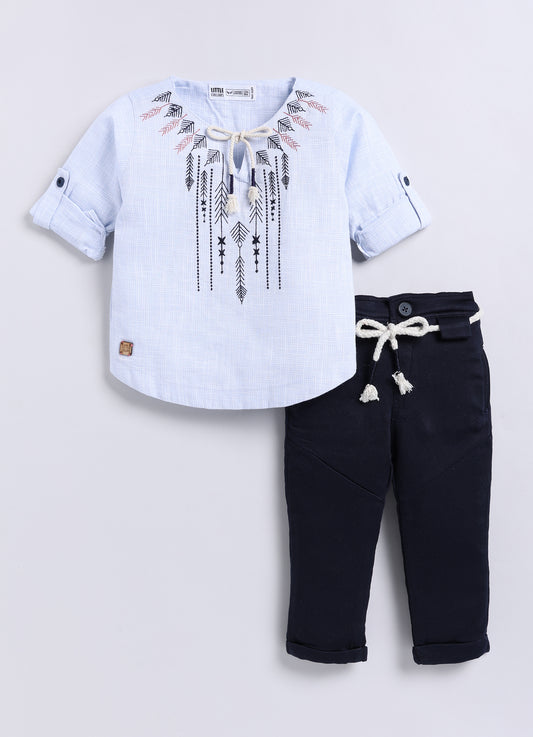 Sky Smart Cotton Neckine Embroidered Kurta Shirt Pant Set