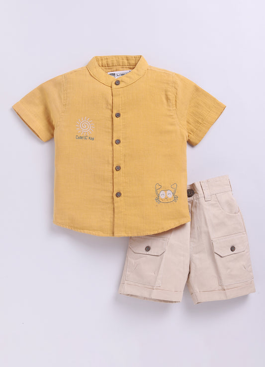 Mustard Casual Pure Organic Muslin Cotton Half Sleeves Shirt Half Pant Set