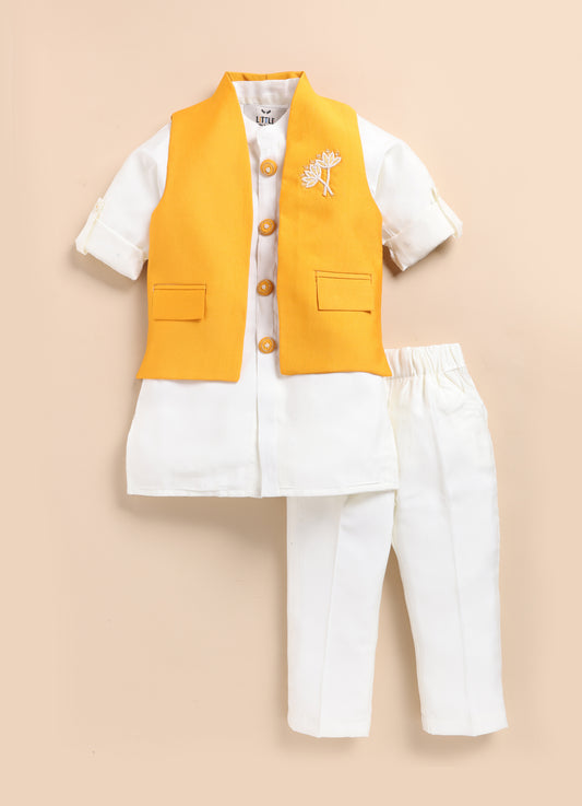 Little Collars Boys Festive Haldi Floral Motif Ethnic Nehru Jacket Kurta Pajama Set - Mustard
