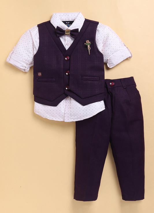 Wine Formal Partywear Self Lurex Checks Jacket Full Sleeves Shirt Pant Coord Set with Bow