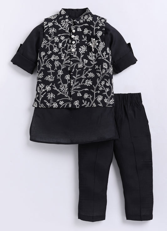 Black Festive Floral All Over Embroidered Nehru Jacket Kurta Pajama Set