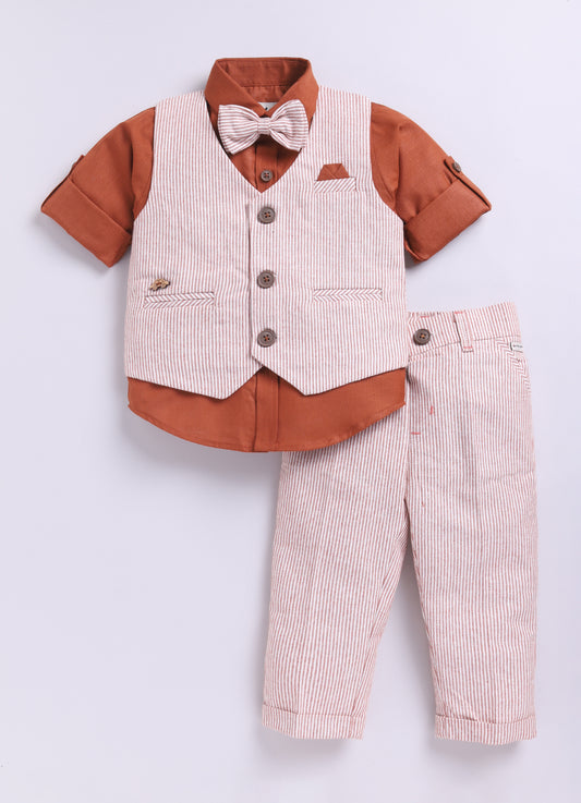 RUST Cotton Elegant Formal Full Sleeves 4 piece Waistcoat Coord Set