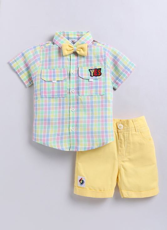 Lemon Casual and Fun Checkered Pure Cotton Shirt Half Pant Bow Set