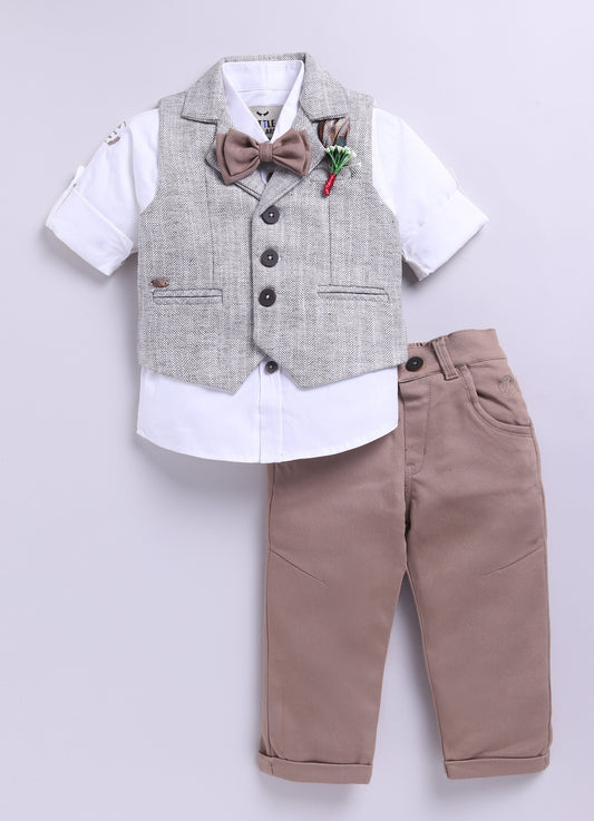 Beige Adorable Woven Waistcoat Full Sleeves Shirt Pants Set with Bow