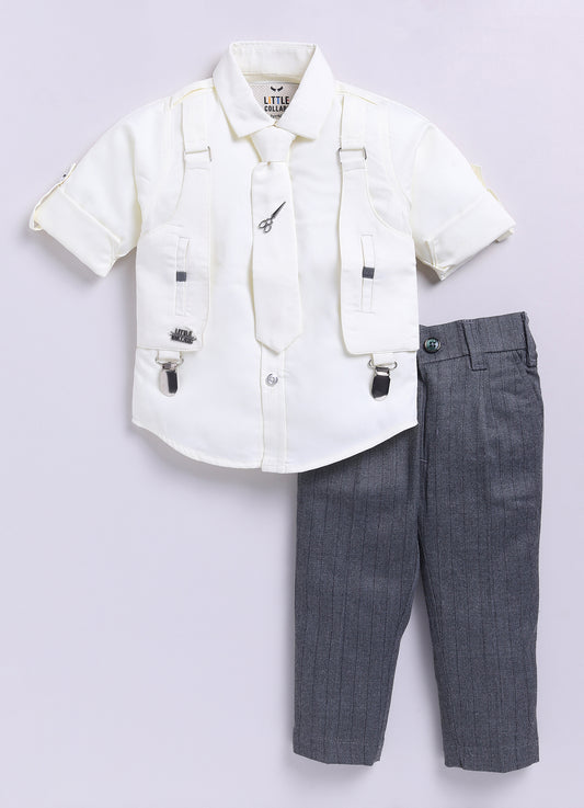 Grey Attached Suspender Striped Pants Shirt and Tie Formal Set