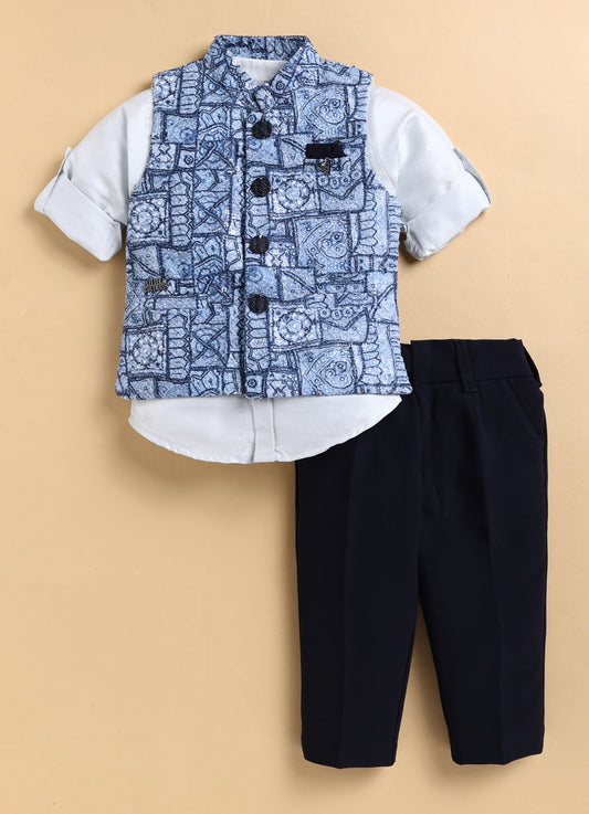 Formal Full Sleeves Shirt Pant and Festive Sleeveless Printed Embroidered Nehru Jacket Indo Western Set- N.Blue