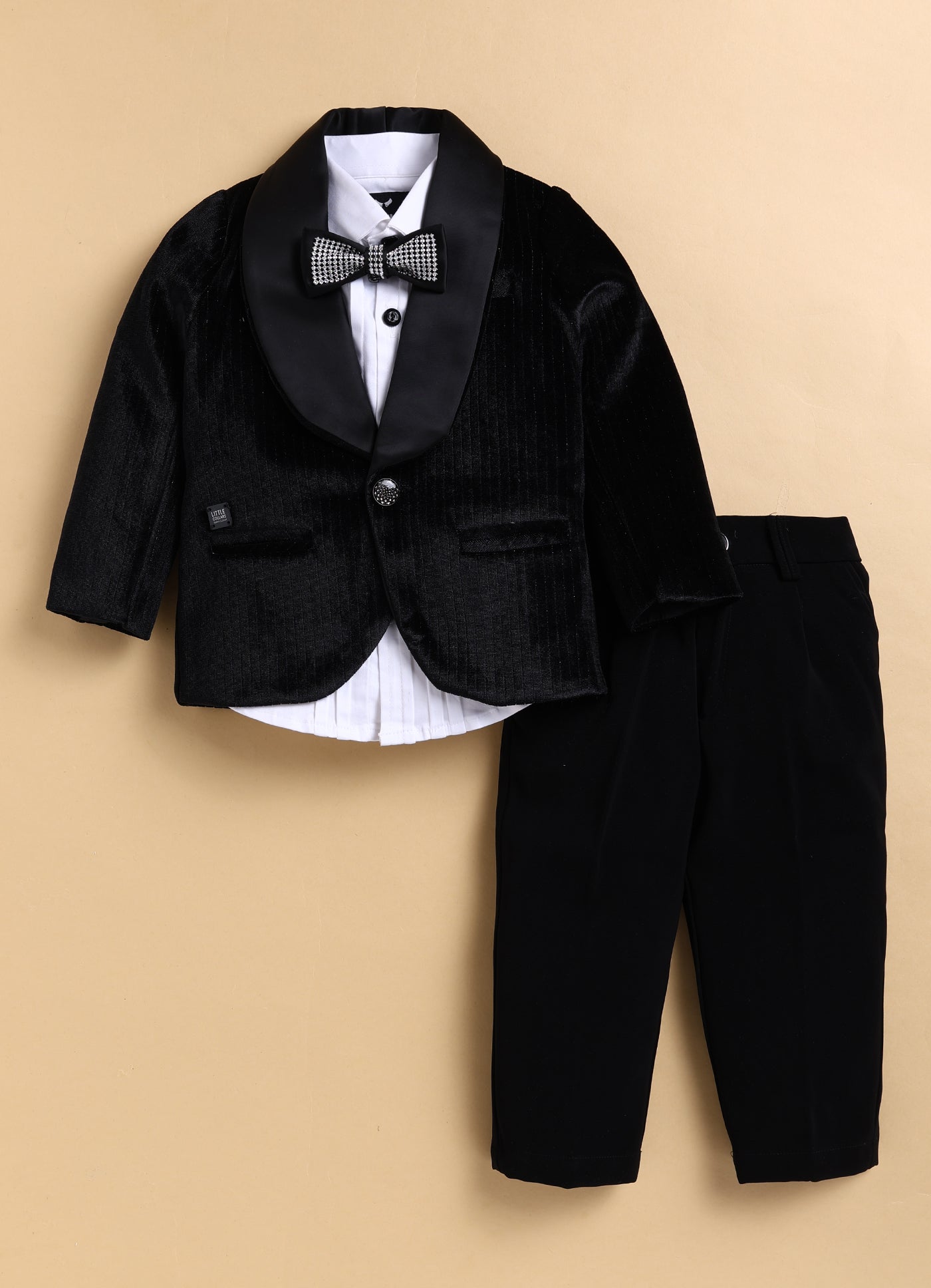 Shiny Velvet Striped Coat Tuxedo Pant Formal Shirt Suit Set with Smart Bow - Black