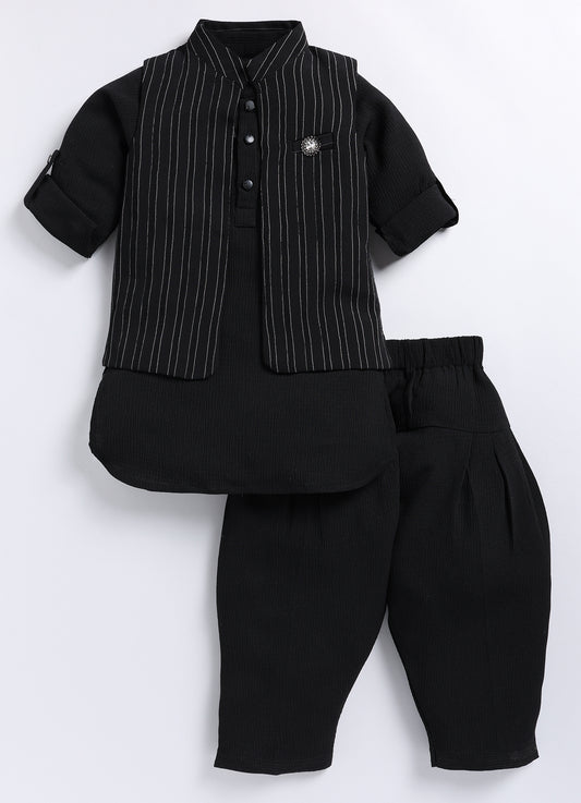 Black Festive Kurta Jacket Patiala Ethnic Set for Boys