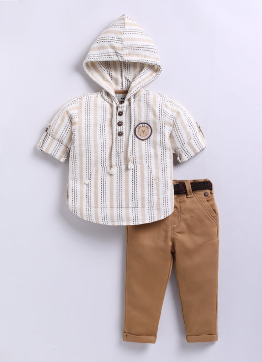 Casual and Stylish Full Sleeves Cotton Striped Hoodie Shirt with Pants with Belt- Khaki