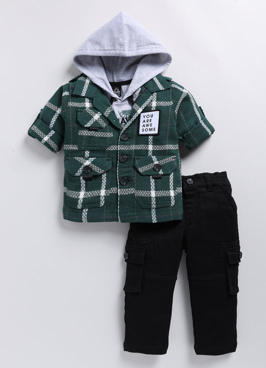 Green Blue Cotton Checkered Casual Overshirt and Cargo Pants Set for Boys