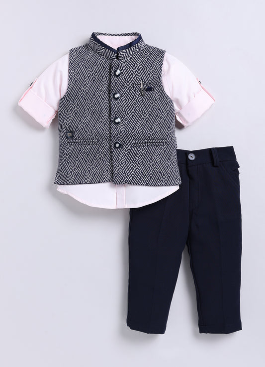 Navy Blue Elegant Jaquard Nehru Jacket, Shirt-Pant Formal Set