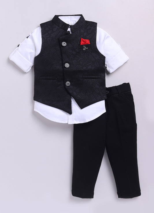 Black Boys Full Sleeves Elegant Jaquard Nehru Jacket Coord Set