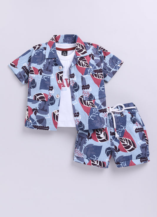 Grey Self Weave Leaves Abstract Digital Printed Half Sleeves Poly Blend Shirt Shorts Coord set with Tshirt and Belt