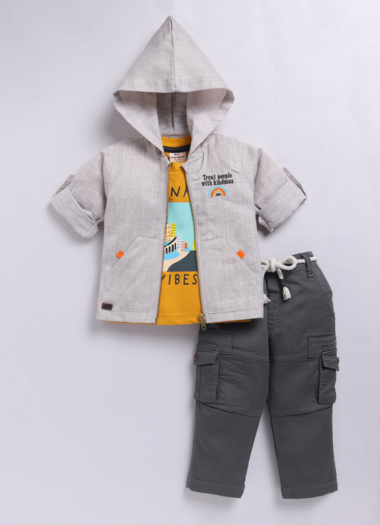 Beige Fashionable and Trendy Linen Blend Zippered Full Sleeves Shirt with Hoodie, Trousers, Tshirt and Belt Set