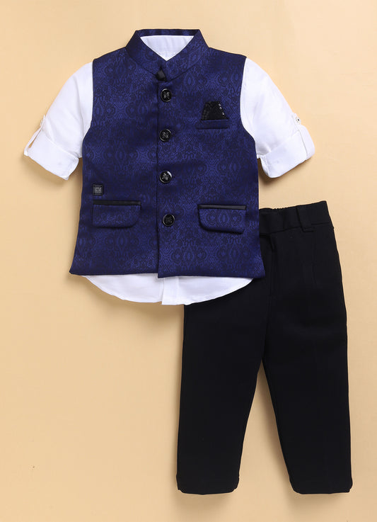 Navy Formal Partywear Jacquard Nehru Jacket Full Sleeves Shirt Pant Set