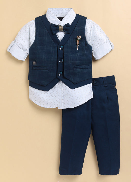 Navy Formal Partywear Self Lurex Checks Jacket Full Sleeves Shirt Pant Coord Set with Bow