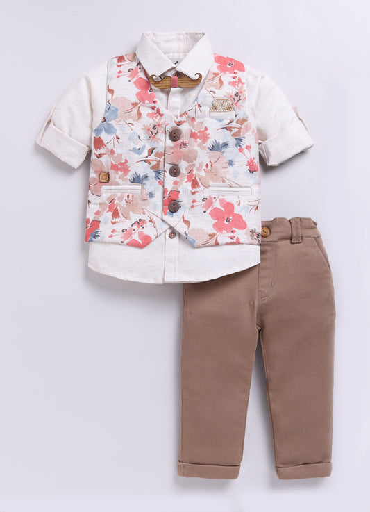 Peach Partywear Abstract Printed Full Sleeves Shirt Pant Attached Suspender Bow Set