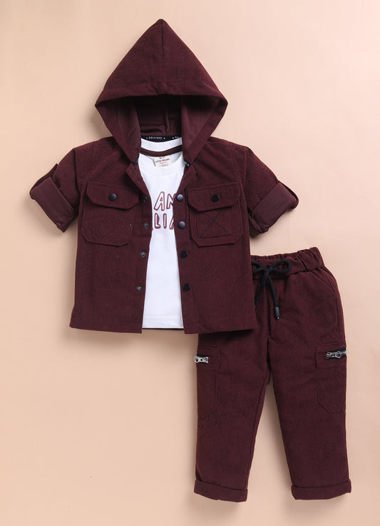 Maroon Super Smart Striped Codruouy All Over Laser Printed Full Sleeves Hoodie Shacket Pant Coordinate Set with Tshirt