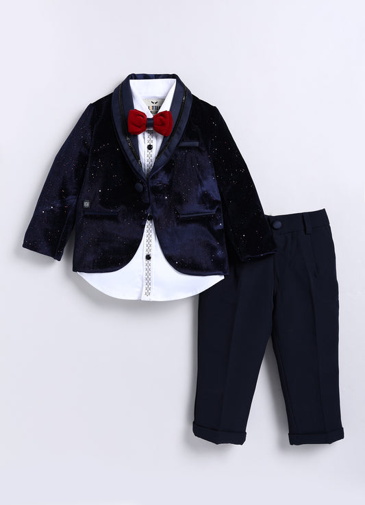 Blue Shiny Velvet Coat Tuxedo Pant Shirt Set with Red Bow