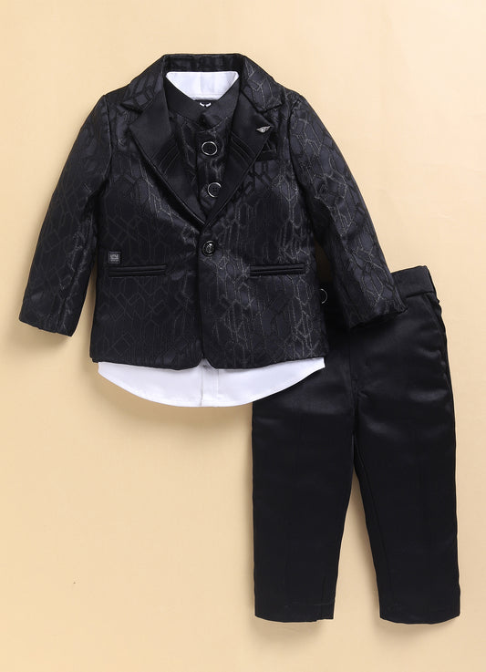 Black Elegant Partywear Floral Jacquard IndoWestern Coat Nehru Jacket Full Sleeves Shirt Trouser Set for Boys