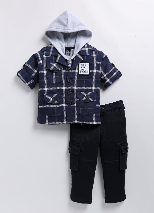 Navy Blue Cotton Checkered Casual Overshirt and Cargo Pants Set for Boys