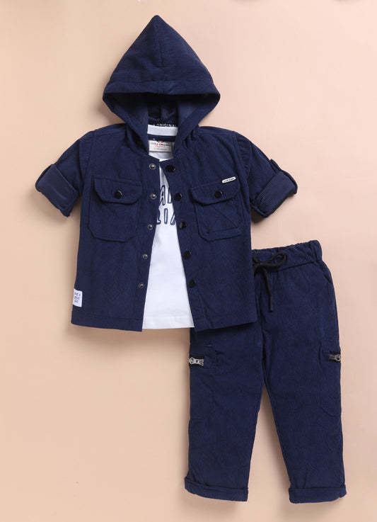 Navy Super Smart Striped Codruouy All Over Laser Printed Full Sleeves Hoodie Shacket Pant Coordinate Set with Tshirt