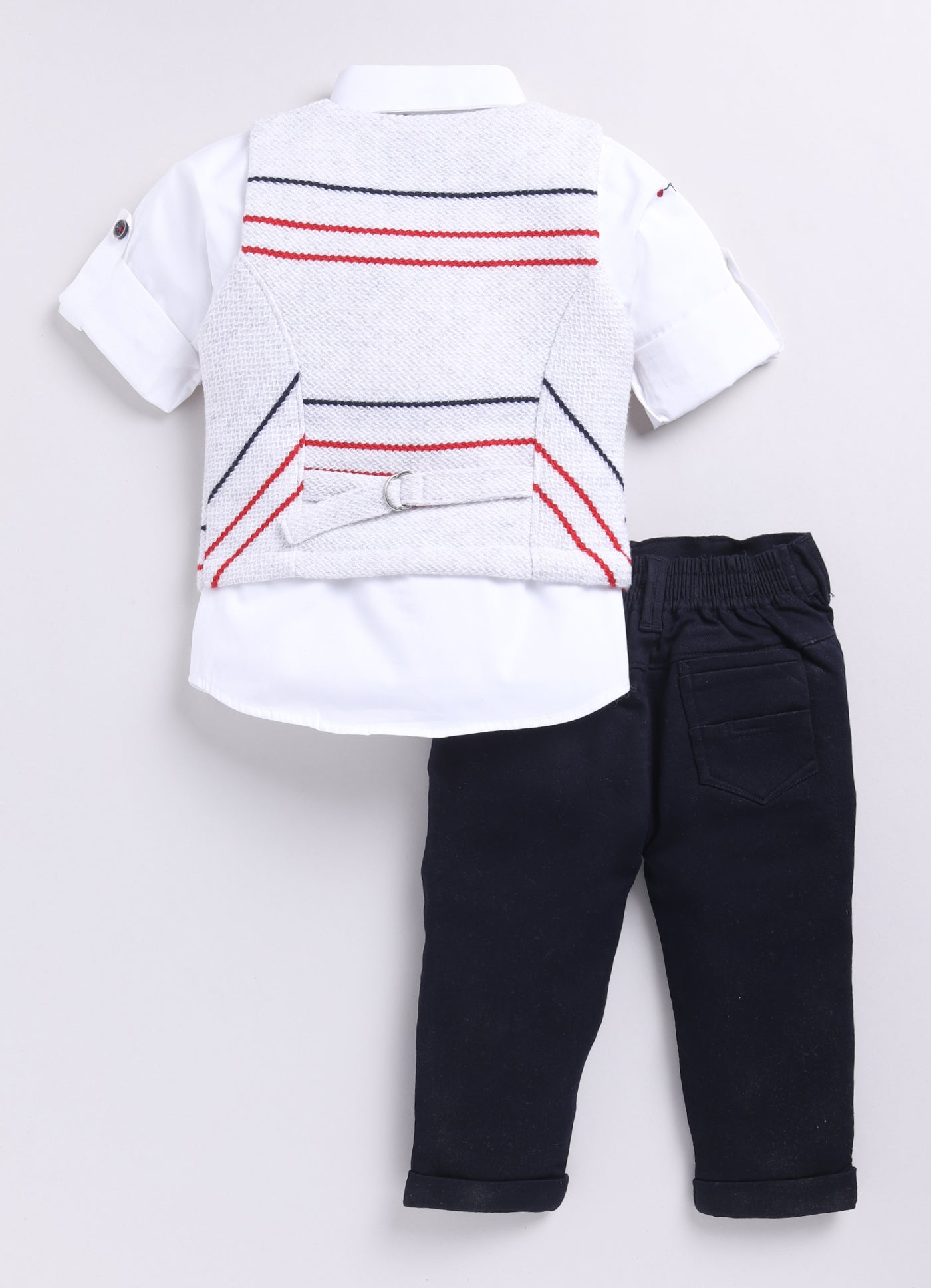 White Elegant Striped Jacquard Full Sleeves Partywear Set with Bow