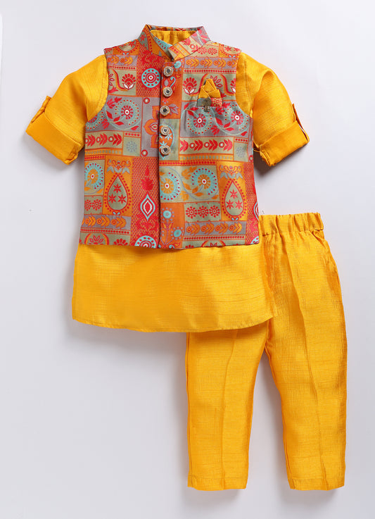 Mustard Haldi Brocade Jacquard Ethnic Kurta Nehru Jacket Set for Boys