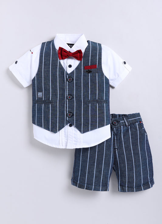 Navy Super Soft 4 Piece Indigo Stripes Waistcoat Half Pant Coord Set with Red Bow