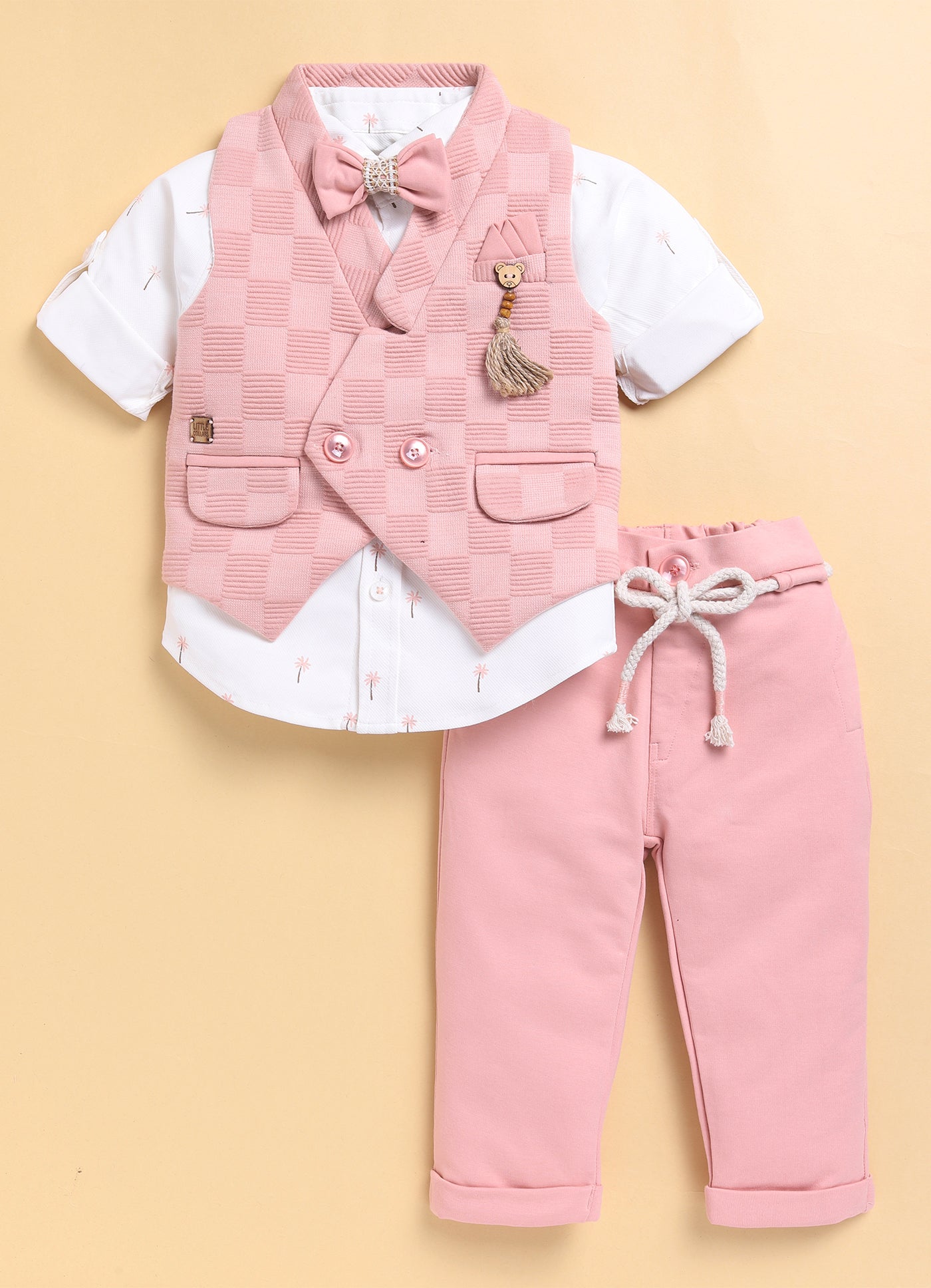 Peach Adorable Jacquard Waistcoat Full Sleeves Shirt Pants Bow Set for Boys