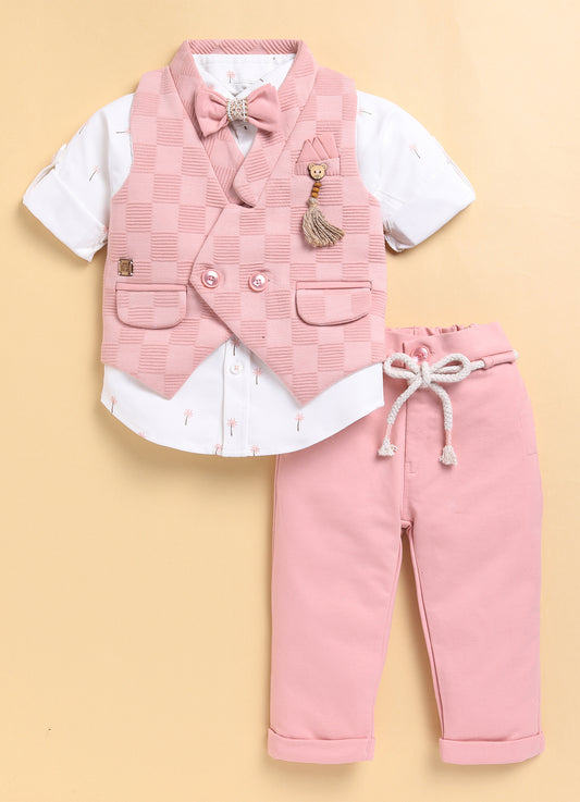 Peach Adorable Jacquard Waistcoat Full Sleeves Shirt Pants Bow Set for Boys