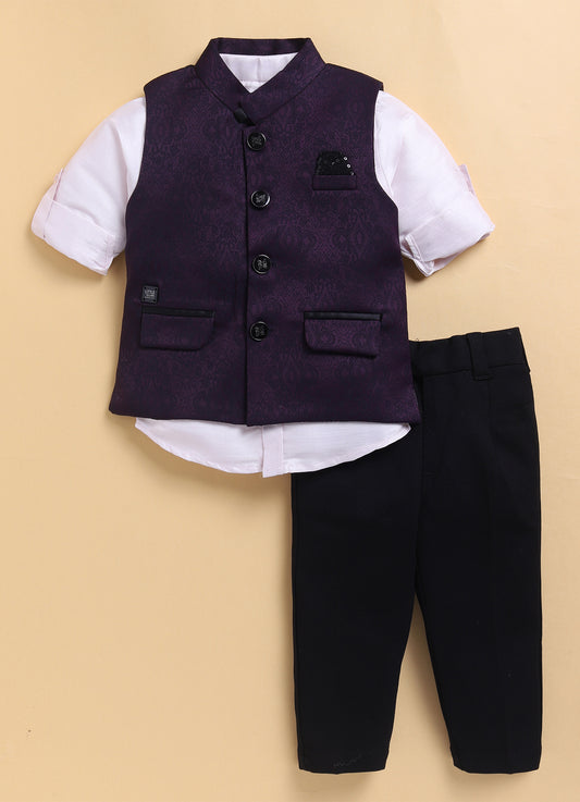 Wine Formal Partywear Jacquard Nehru Jacket Full Sleeves Shirt Pant Set