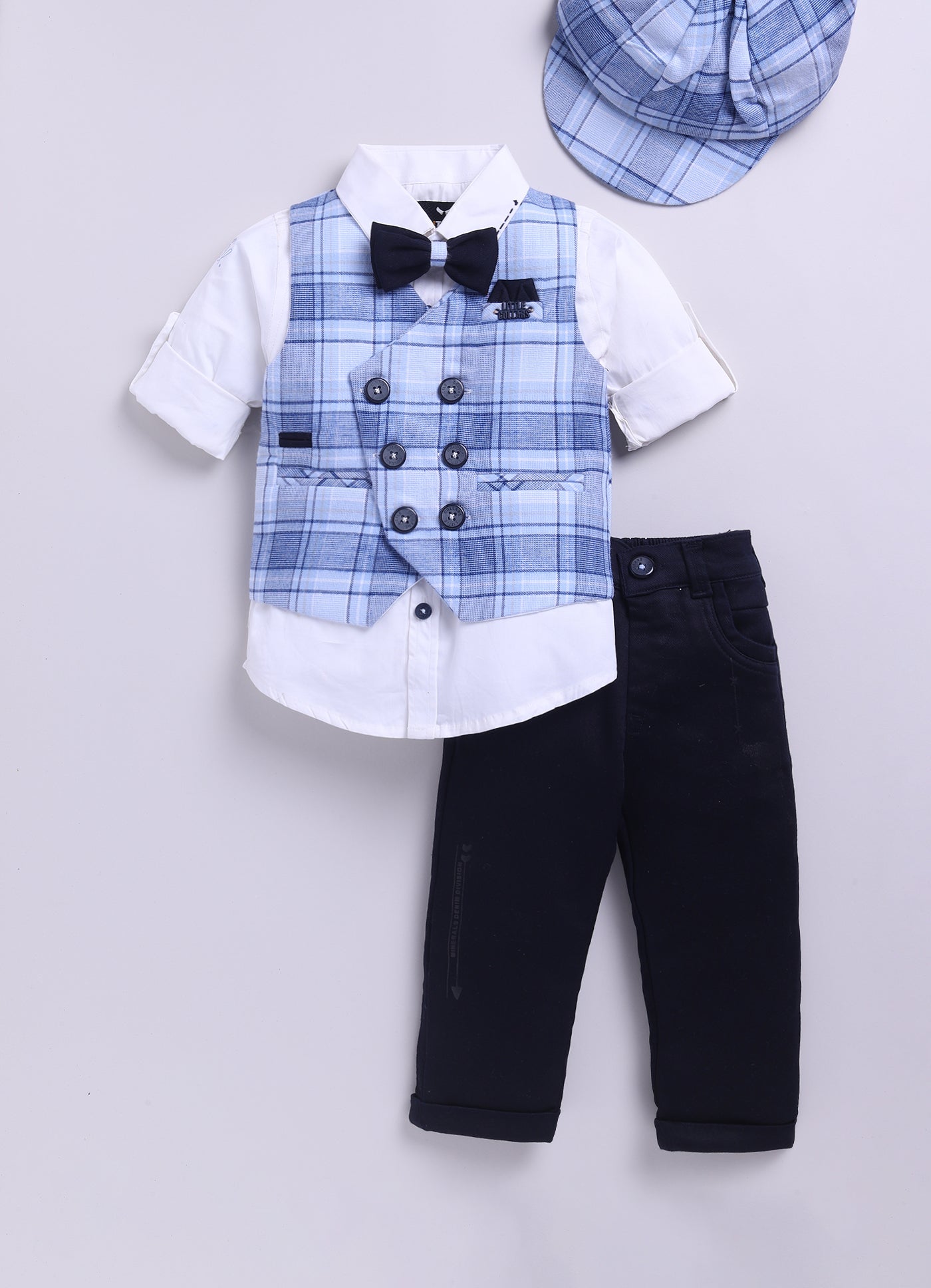 Blue Full Sleeves Solid Shirt Pant With Cotton Checkered Waistcoat Cap & Bow Set