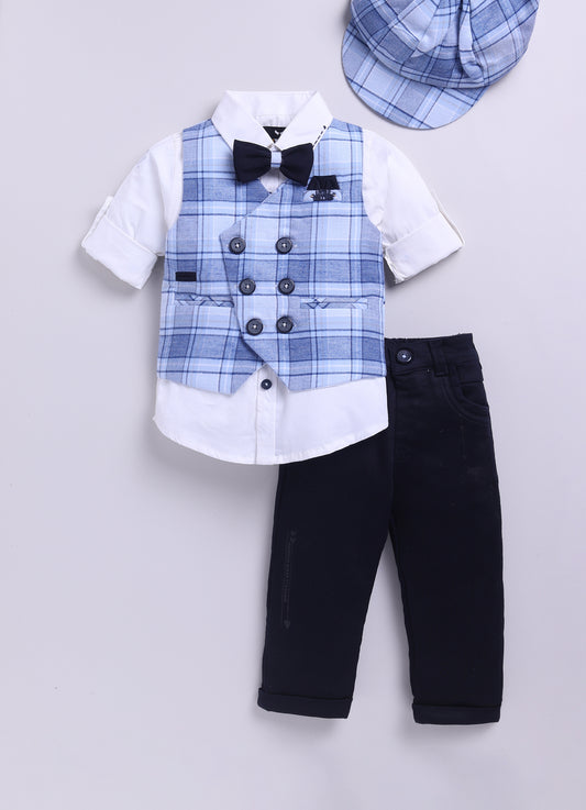 Blue Full Sleeves Solid Shirt Pant With Cotton Checkered Waistcoat Cap & Bow Set