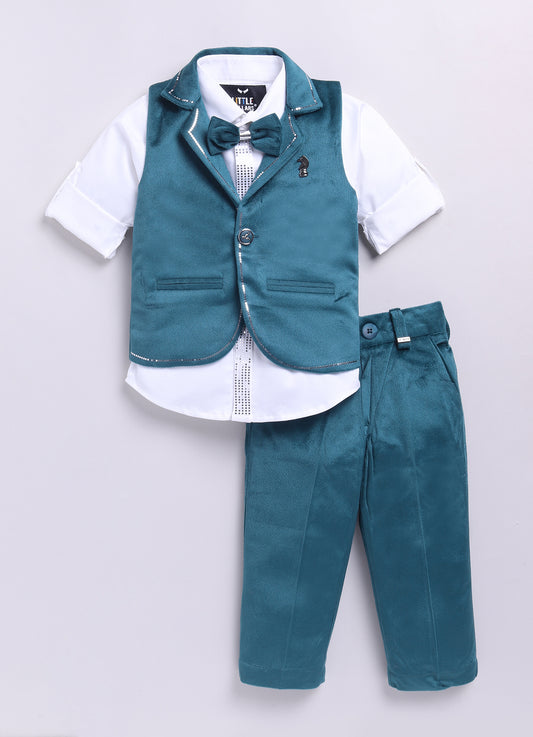 Green Boys Full Sleeves Elegant Velvet Suede Patterned Partywear Jacket Coord Set with Bow